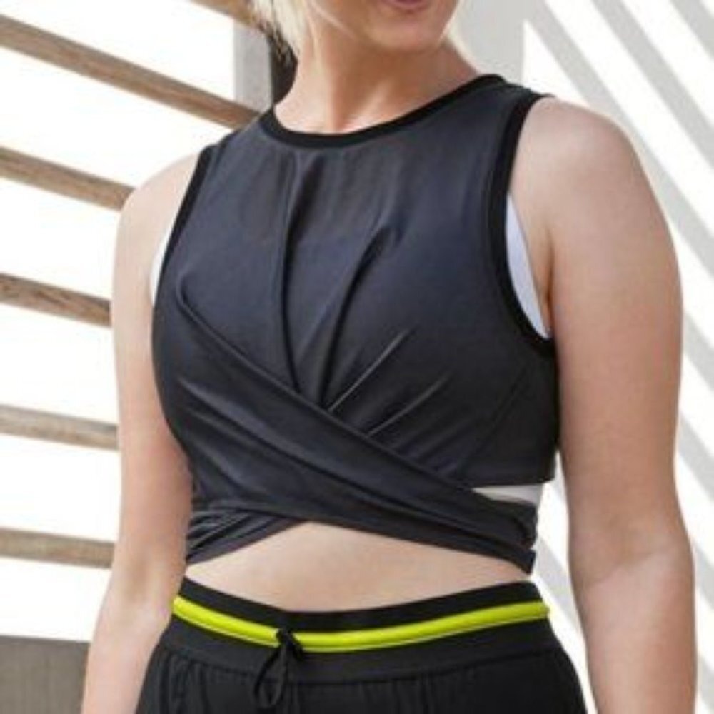 Fabletics Womens Black Mesh Twist Crop Tank Top Activewear Fitness Pilates Gym M